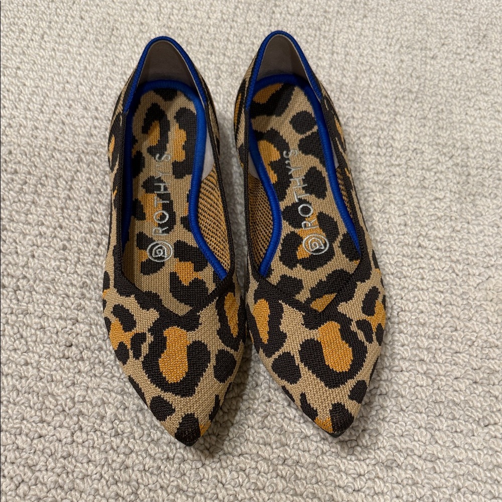 Rothy's Leopard Print Pointed Flats with Blue Trim (NEVER WORN)